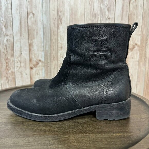Tory Burch Simone Leather Moto Ankle Bootie Side Zip Logo Black Size 8 Women - Picture 2 of 11
